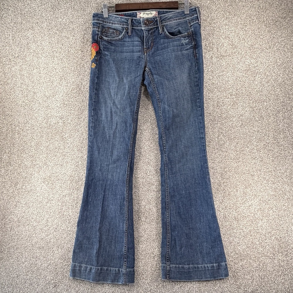 Y2K Fragile Flare‎ Bell Bottom Jeans Embroidered Flowers *stains* Low Rise Sz 3